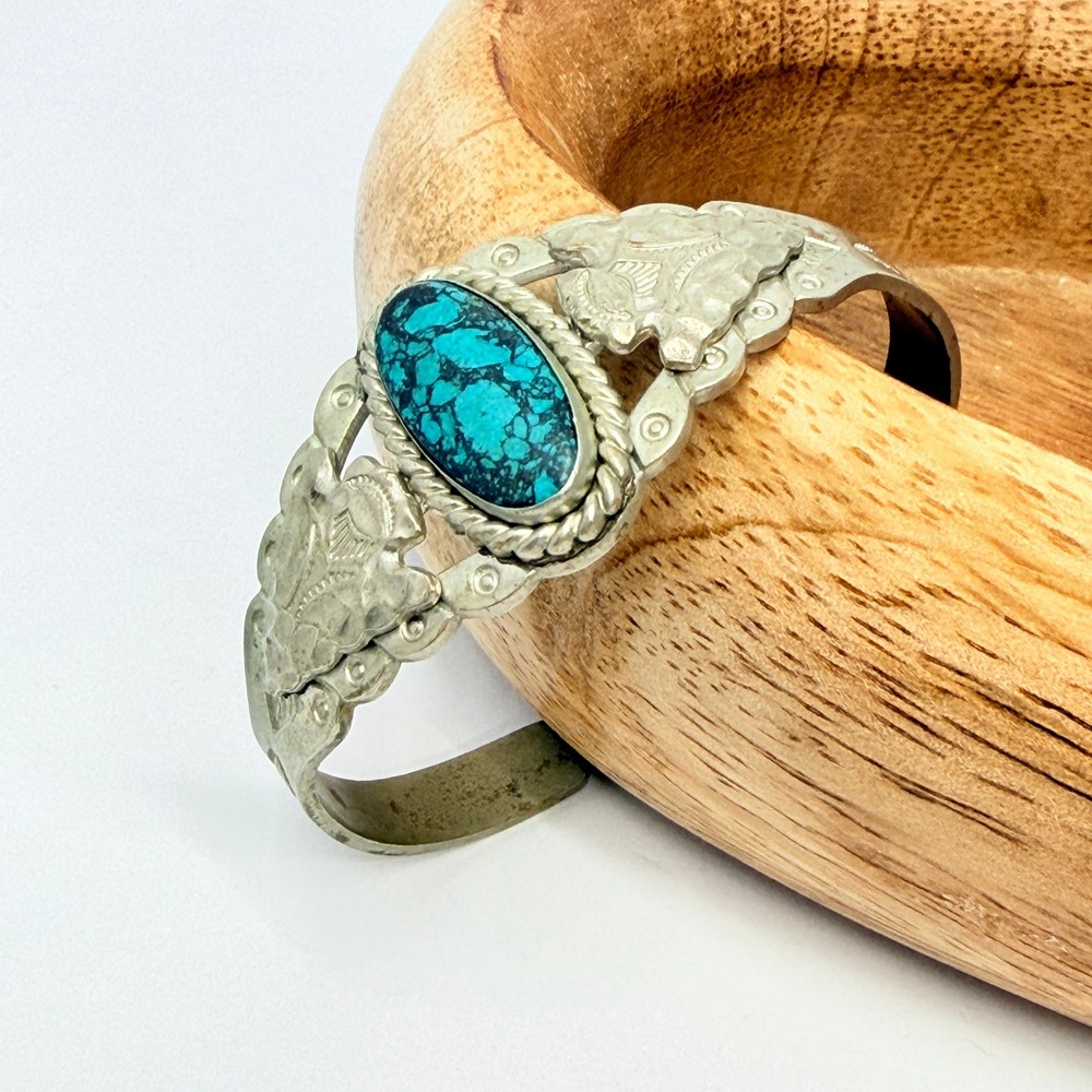 Vintage Blue Turquoise Bell Trading Post Fred Harvey Era Sterling Native Cuff